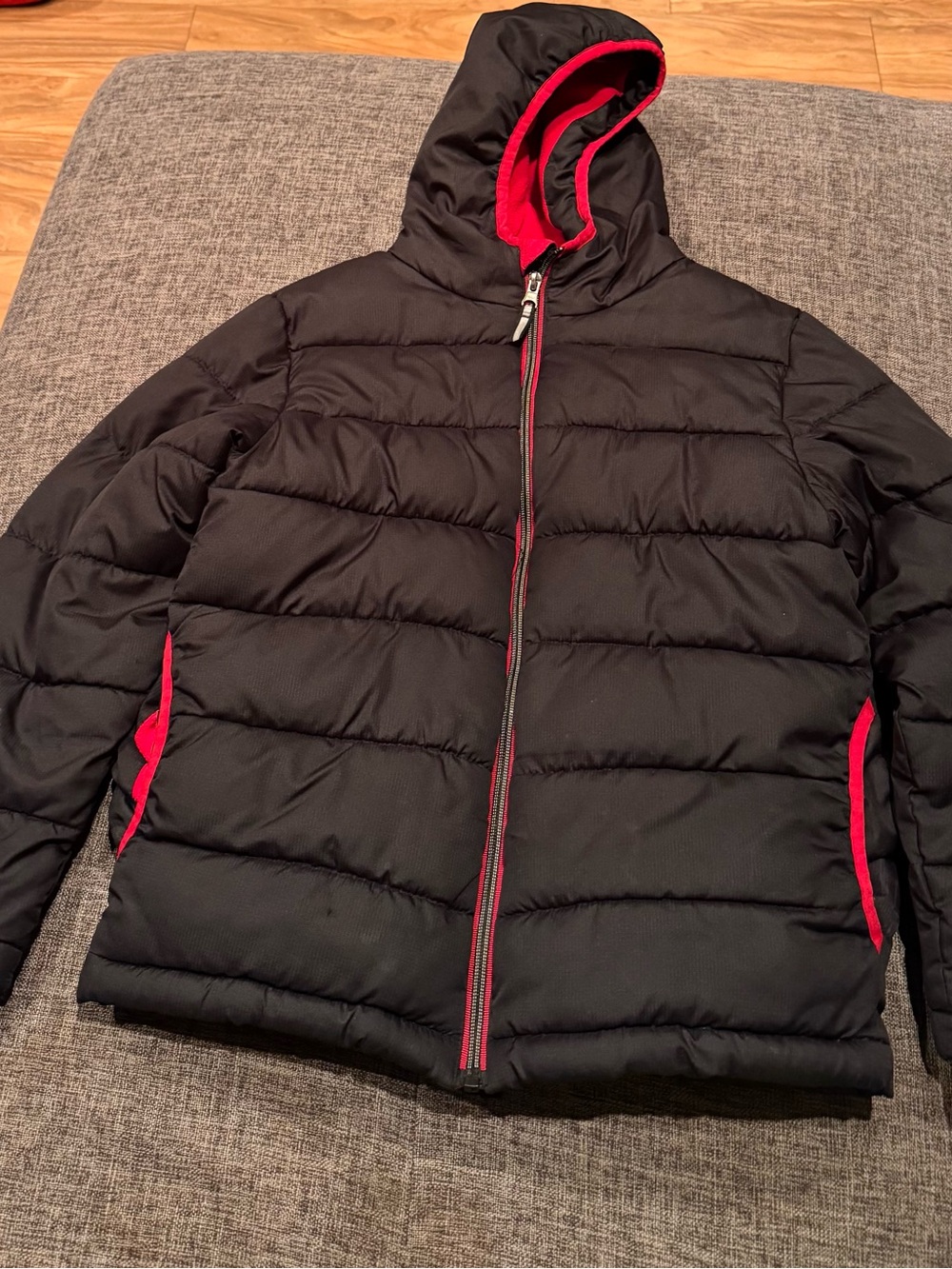 Faded Glory Black Hooded Puffer Jacket with Red Trim
